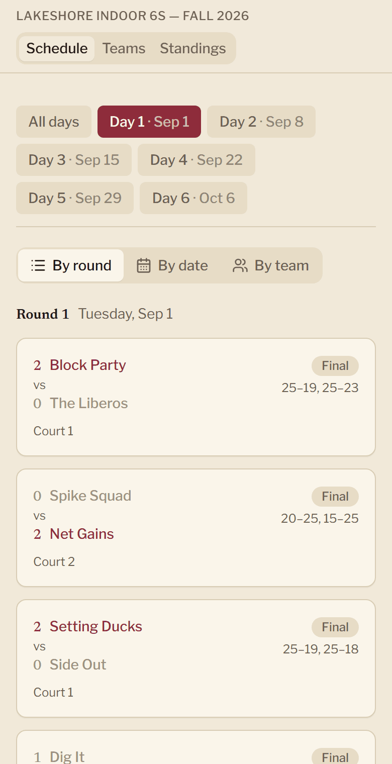 The league schedule on a phone, with the playing-day tabs wrapped onto three rows and one match card per row.